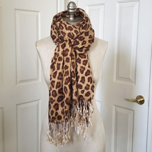 Brown Tan Cream Animal Print Pashmina Scarf Wrap - Picture 3 of 10